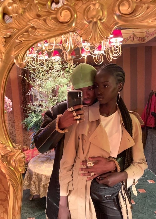 Anok Yai as seen while posing for a mirror selfie along with Alton Mason in Pigalle, Paris, France in January 2019