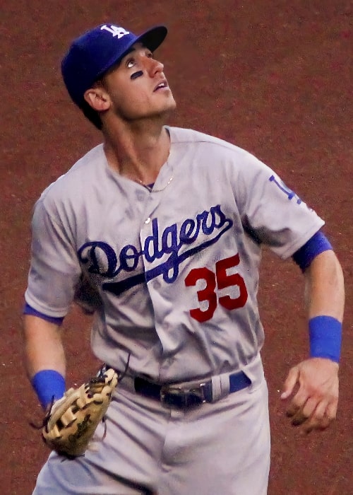 Cody Bellinger with the Los Angeles Dodgers as seen while attempting to make a catch on the warning track during a game on May 9, 2022