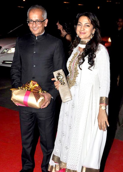 Juhi Chawla as seen in a picture with her husband Jay Mehta at Karan Johar's 40th birthday bash, held in Taj Lands End, Mumbai in May 2012