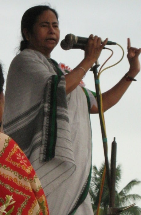 Mamata Banerjee as seen while speaking to the elected members and party workers at Bongaon stadium after the West Bengal panchayat elections in 2008