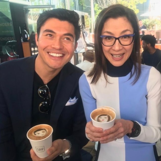 Michelle Yeoh having a coffee with Henry Golding in November 2018