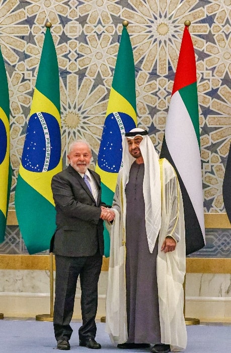 Mohamed bin Zayed Al Nahyan (Right) as seen while meeting with Brazilian President Luiz In&aacute;cio Lula da Silva in Abu Dhabi in April 2023