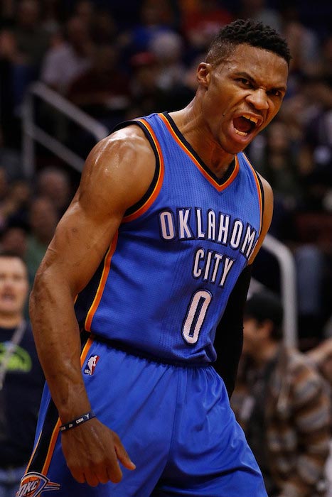 Russell Westbrook's reaction after he dunked against Phoenix Suns on February 8, 2016 in Phoenix, Arizona
