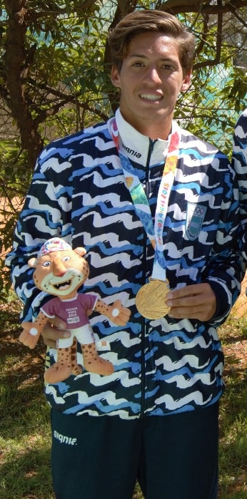 Sebasti&aacute;n B&aacute;ez as seen while posing for the camera with his gold medal after the boys doubles tennis final at the 2018 Summer Youth Olympics